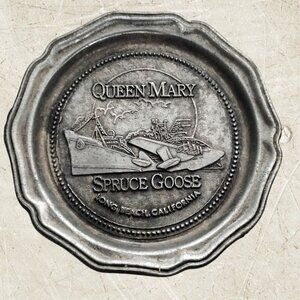 Vintage Metal Coaster/Ashtray Queen Mary Ship Spruce Goose Airplane Collectible